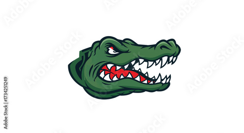 Illustration of a green alligator head with sharp teeth and red tongue, vector graphic