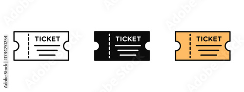 Ticket icon available in line art, fill, and colored outline styles with a clean white background. Suitable for events, cinema, travel, concerts, and booking purposes.