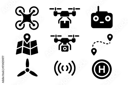 Silhouette drone icons set with remote, propeller, map, and navigation elements