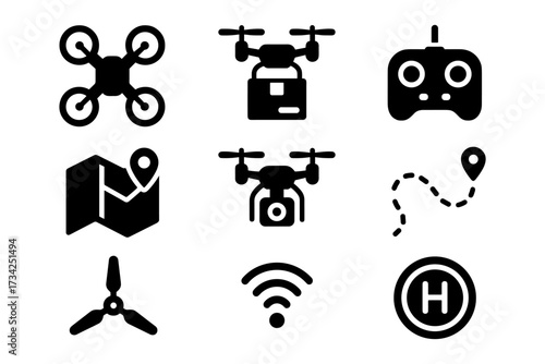 Drone technology icons: silhouette set with remote control and gps design elements
