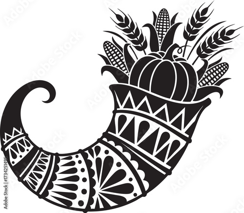 Decorated Cornucopia (Horn of Plenty) Silhouette. Thanksgiving and Autumn Harvest Abundance Icon.