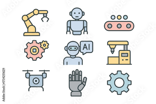 Flat design robotics and ai icons featuring industrial automation and futuristic technology