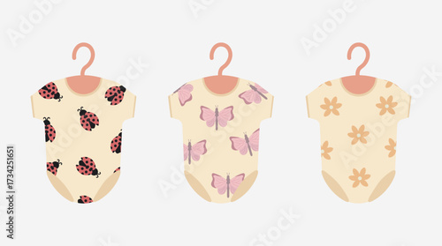 Baby bodysuit set with floral, butterfly, and ladybug prints, spring theme. Vector illustration. Great for invitations, baby showers, and digital products.