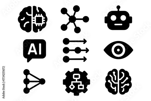 Artificial intelligence icons: neural network, robot, data science, ai technology symbols