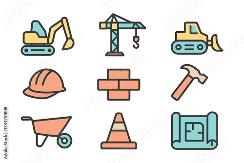 Construction equipment icons set: crane, excavator, hard hat, blueprint, tools