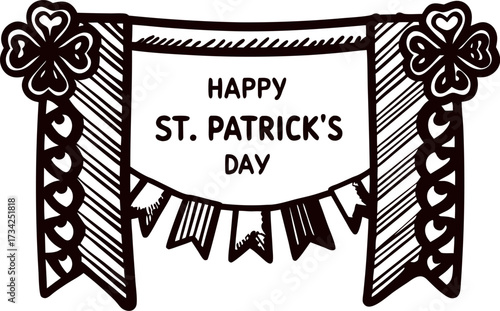 Hand drawn st patrick's day banner with shamrock decorations and festive ribbon illustration