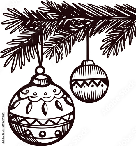 Hand drawn pine branch with hanging decorative christmas baubles in vintage engraving black and white illustration