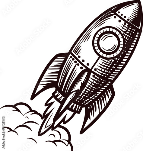 Vintage engraved drawing of a retro rocket ship launching with smoke and flames in illustration