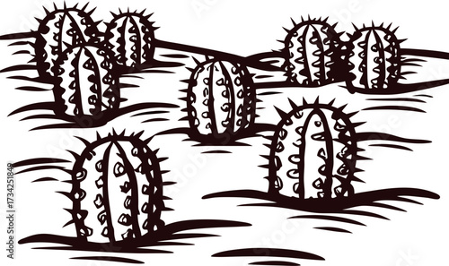 Hand drawn cactus cluster in desert landscape, retro ink line art with thorny succulents, minimal monochrome illustration