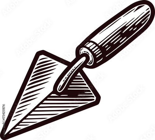 Hand drawn illustration of a vintage masonry trowel with wooden handle isolated on white background