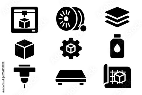 Black and white icons for 3d printing and design