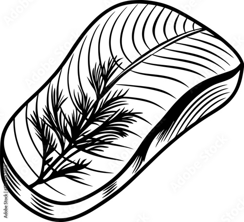Hand drawn fillet of salmon with dill herb garnish in engraving black and white illustration