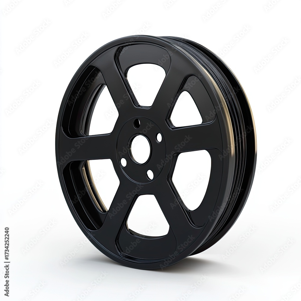 Obraz premium Black film reel,?isolated on white.? A?detailed?3D?model?of a?classic?film?reel,?black?with?gold?stripes,?in?a?profile?view