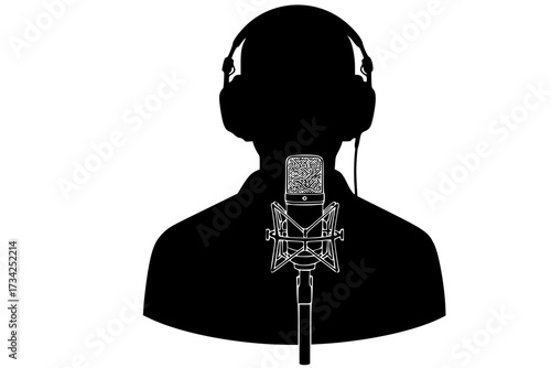  Vector Silhouette of a Podcast Host Speaking into a Microphone with Headphones