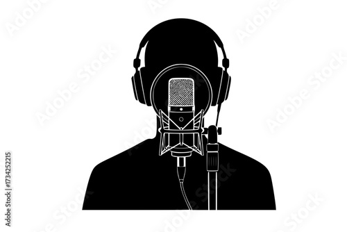  Vector Silhouette of a Podcast Host Speaking into a Microphone with Headphones