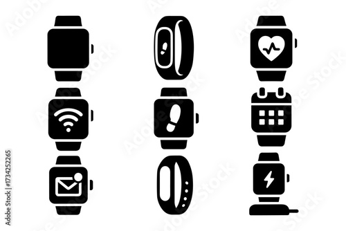 Silhouette smartwatch icons for fitness steps, heart rate, connectivity, and notifications