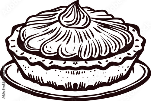 Hand drawn vintage pie with cream swirl on top, detailed sketch dessert on a plate illustration