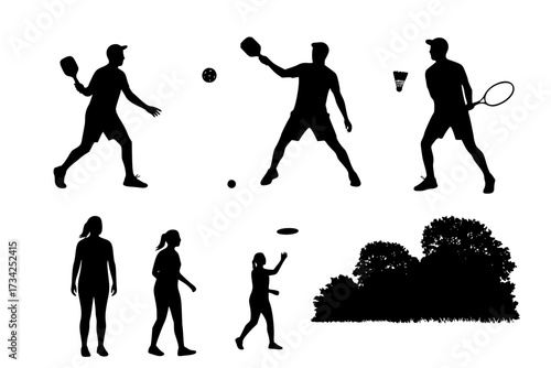 Vector Silhouettes of People Playing Outdoor Sports like Pickleball and Badminton