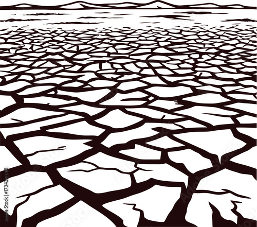 Cracked dry desert ground with repeating pattern of parched earth and distant horizon illustration