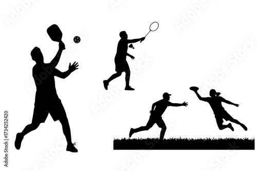 Vector Silhouettes of People Playing Outdoor Sports like Pickleball and Badminton