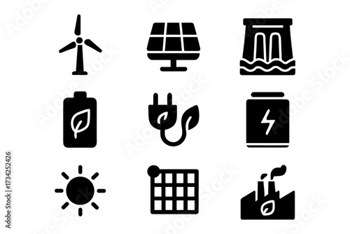Renewable energy icons set featuring solar, wind, and hydroelectric power
