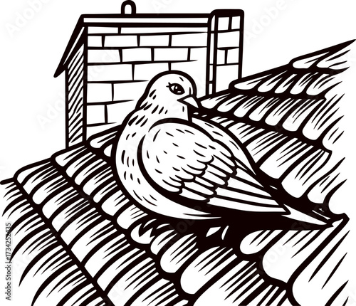 Hand drawn pigeon perched on tiled roof with chimney in vintage sketch