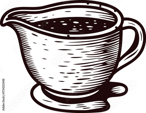 Hand drawn vintage gravy boat illustration filled with sauce rustic engraved kitchenware sketch isolated on white