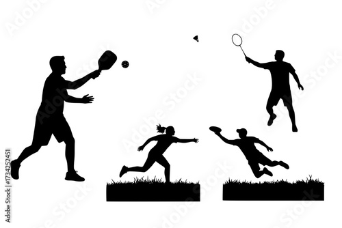 Vector Silhouettes of People Playing Outdoor Sports like Pickleball and Badminton