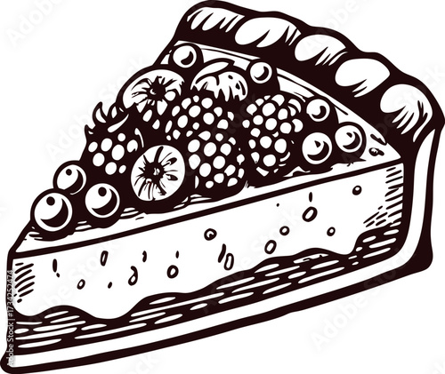 Hand drawn slice of berry pie with crust and assorted fruit berries filling, vintage black line illustration