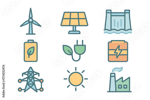 Renewable energy icons set featuring wind, solar, and hydroelectric power in modern flat design