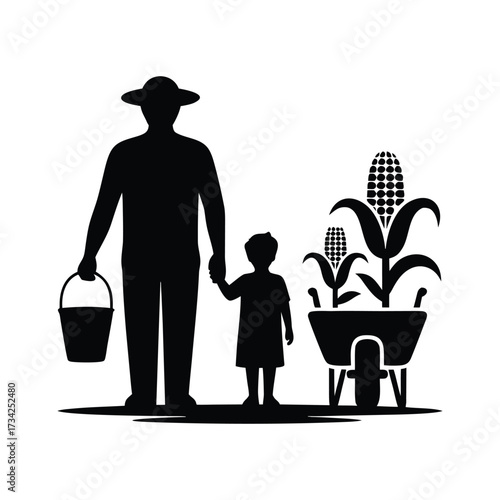Farmer and Child Silhouette with Corn Plant and Wheelbarrow Illustration