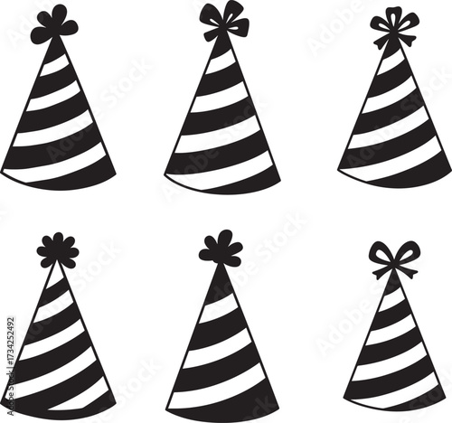 Six hand drawn black and white striped party hats with bows on white background