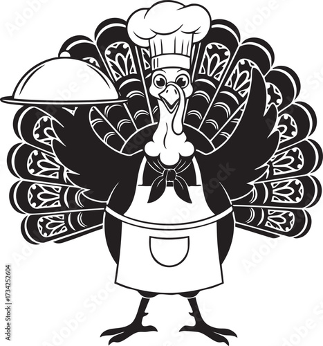 Stylized Turkey Chef Mascot Holding Serving Platter. Thanksgiving Holiday Dinner Silhouette.