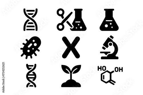 Set of simple black science icons including dna, microscope, and plant growth