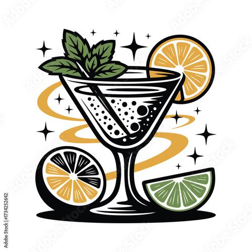 Cold Lemon Drink with Ice Cubes, Mint Leaves, and Citrus Wedges Refreshing Summer Beverage Illustration
