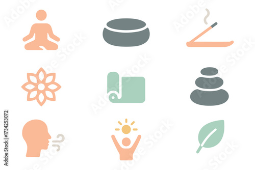 Minimalist icons for meditation and relaxation in soothing pastel colors