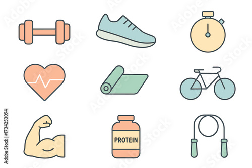 Fitness and exercise icons: workout equipment, heart rate, muscle, nutrition, yoga mat