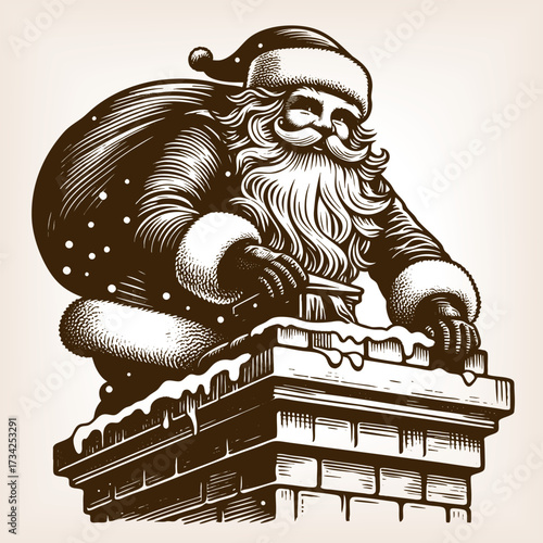 Santa Claus in traditional outfit carrying a sack of presents as he climbs down a snowy chimney on Christmas Eve sketch engraving generative ai vector illustration. Scratch board. Black and white.