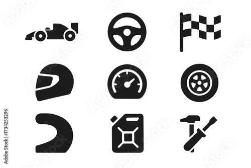 Racing essentials collection: icon set featuring cars, helmets, tracks, and tools
