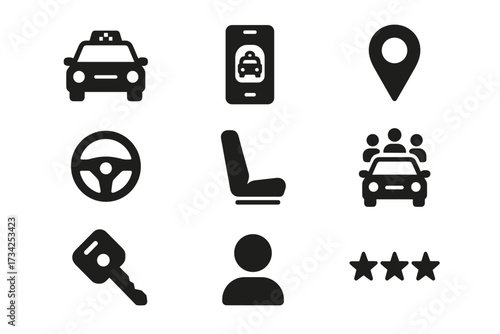 Ridesharing icons: car, app, and navigation symbols set