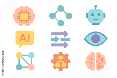Artificial intelligence icons set featuring ai elements and technology symbols