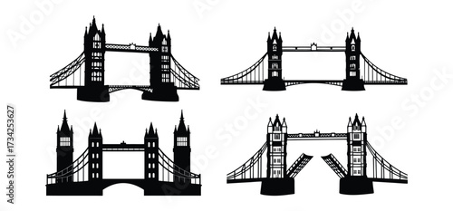 Tower Bridge Silhouette Vector Set, London Landmark Icon Collection.