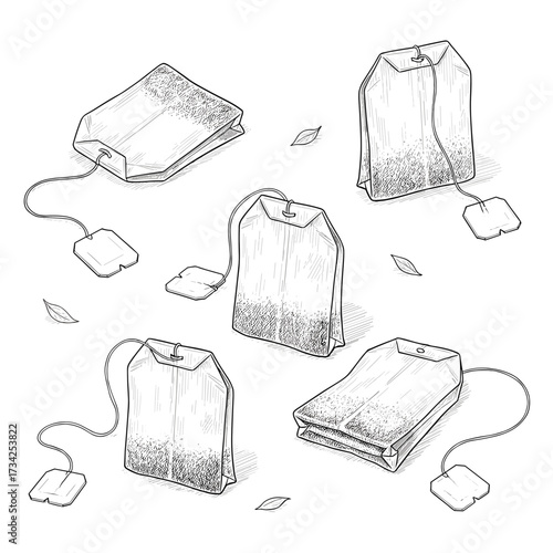 Tea bag collection from different angles. Tea bag standing. Tea bag lying down – engraving sketch hand-drawn style on white background vector illustration.

