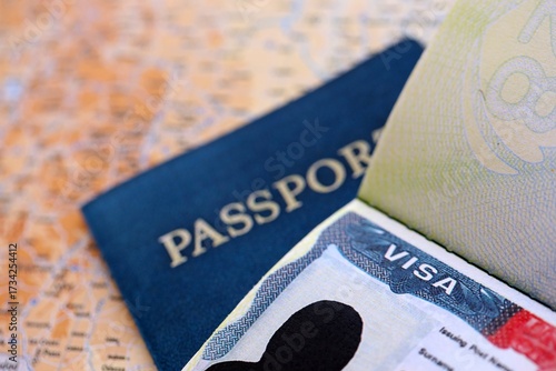 USA visa background. US visa in passport on United States geographical map