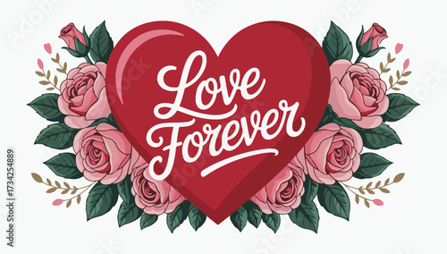 Classic Romantic Heart Rose Vector T-Shirt Design, Valentine’s Day Love Forever Heart Roses T-Shirt
