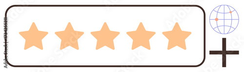 Five orange stars in a horizontal bar with globe and plus sign emphasizing global feedback, customer satisfaction, and quality. Ideal for reviews, ratings, evaluation, success, business goals