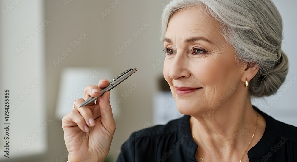 Obraz premium Mature woman contemplating with a pen in hand indoors with soft lighting