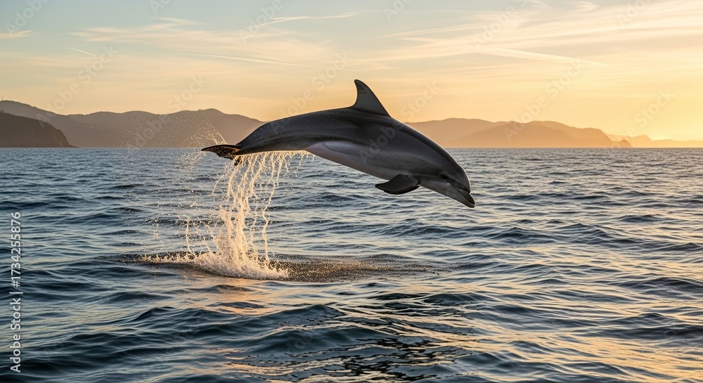 Fototapeta premium Majestic Dolphin Leaping from Ocean Waves at Sunset, Splashing Water