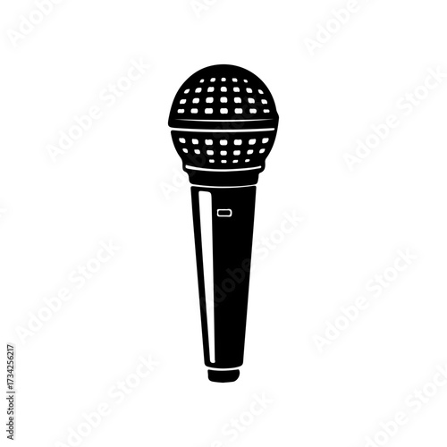 Single black silhouette of a classic microphone with a perforated head on white background
