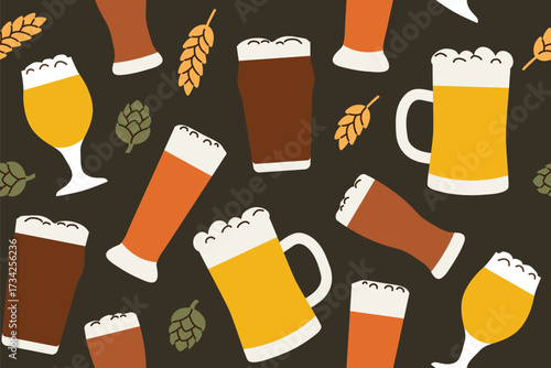 seamless pattern with beer mugs, hop cones and wheat ears; beer festival concept, perfect for wrapping paper, textiles, greeting cards, digital backgrounds, and seasonal decorations